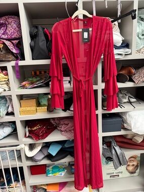 Sheer Red Long Duster cover up with Tiered Bell Sleeves